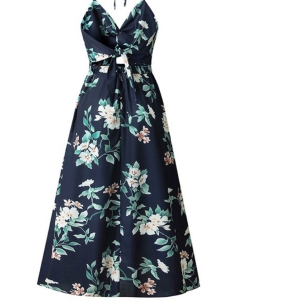 Navy Blue Maxi Floral Twist Halter Dress Print - Picture 3 of 4